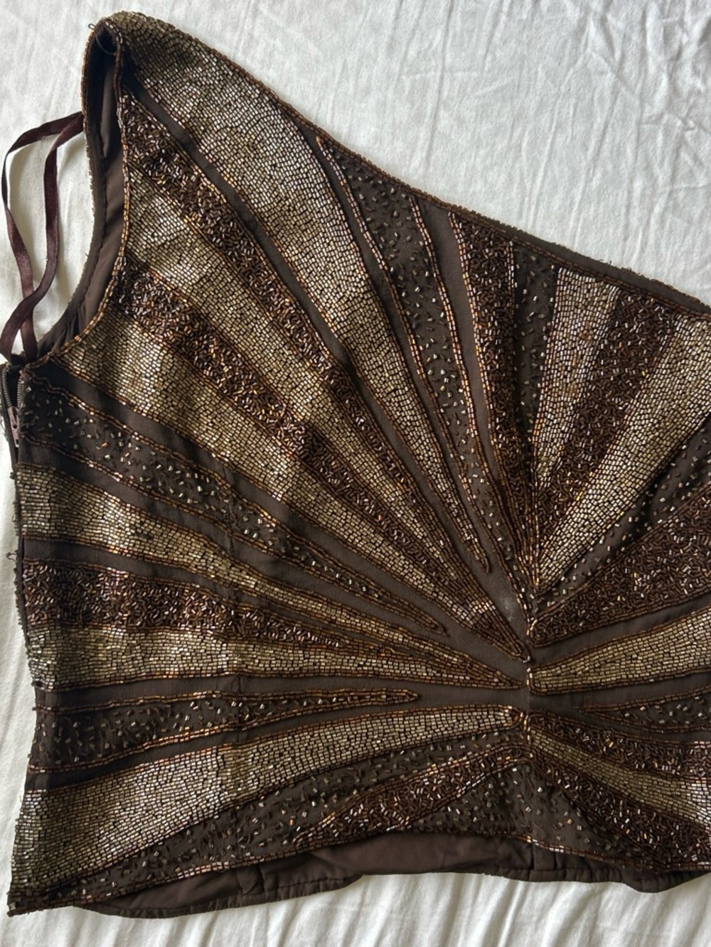 Insane Vintage Caché Beaded One ShoulderTop in Bronze. Shell 100% Pure Silk - Picture 5 of 11